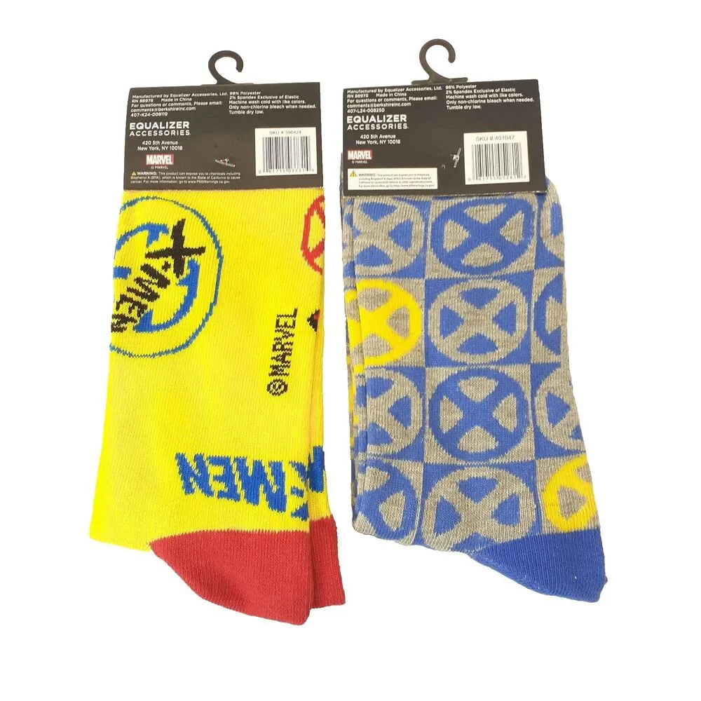 Marvel X-MEN 2-pair Cartoon Blue Yellow Novelty Mens Size 6-12 Crew Socks NWT